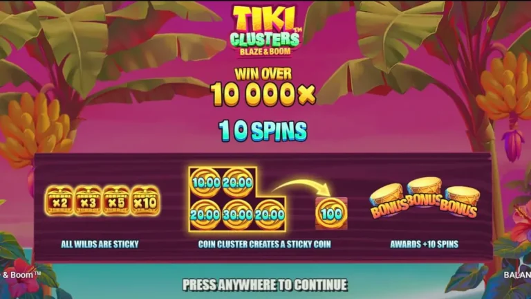 Tiki Clusters Blaze & Boom slot machine gameplay screen