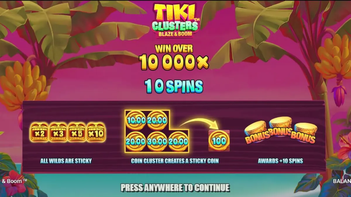 Tiki Clusters Blaze & Boom slot machine gameplay screen