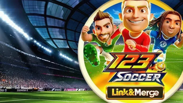 Tampilan antarmuka permainan slot 123 Soccer Link&Merge dengan tema stadion sepak bola.