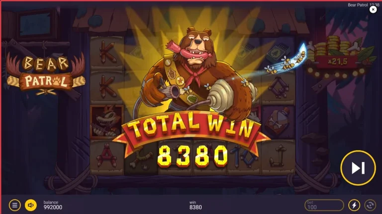 Tampilan visual slot Bear Patrol dengan karakter hewan hutan yang lucu