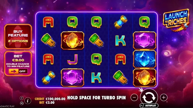 Tampilan visual slot Launch to Riches dengan tema luar angkasa yang futuristik